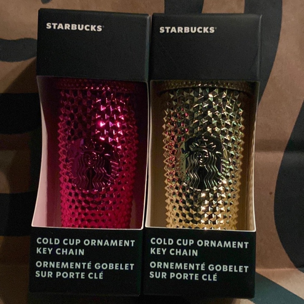 Starbucks Holiday Gold and Sangria Studded Keychain Ornaments